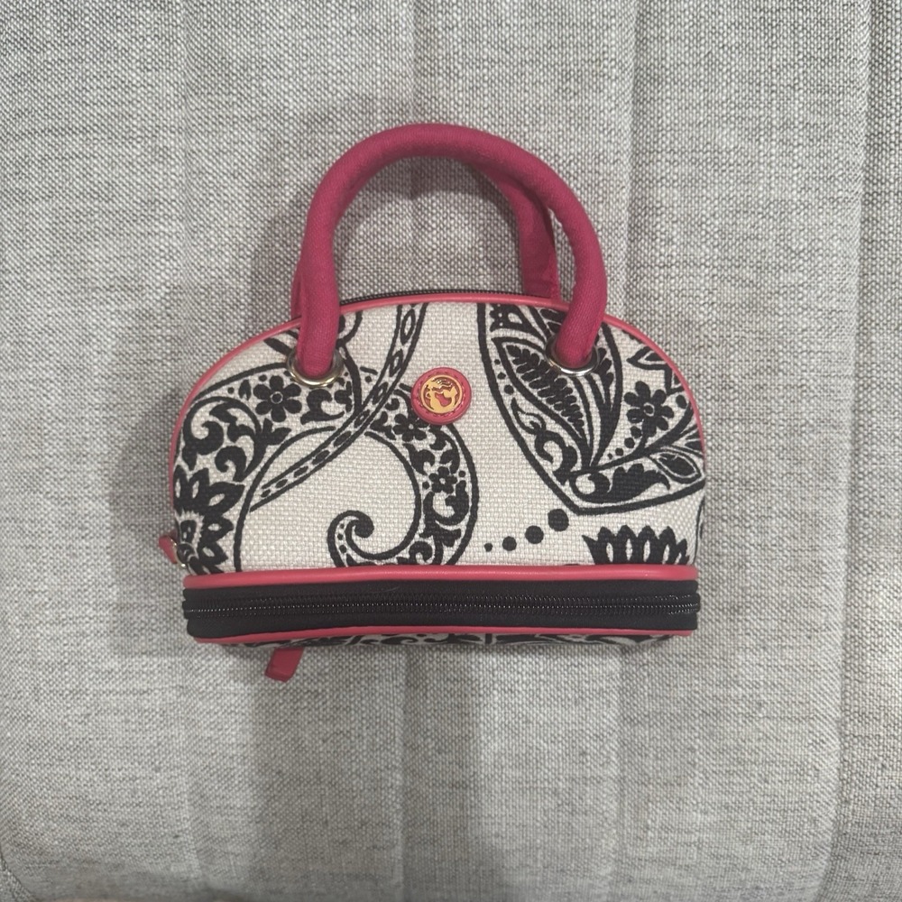 Spartina Makeup Purse Bag 449 Black‎ Tan Pink Linen Small Zip Close Travel